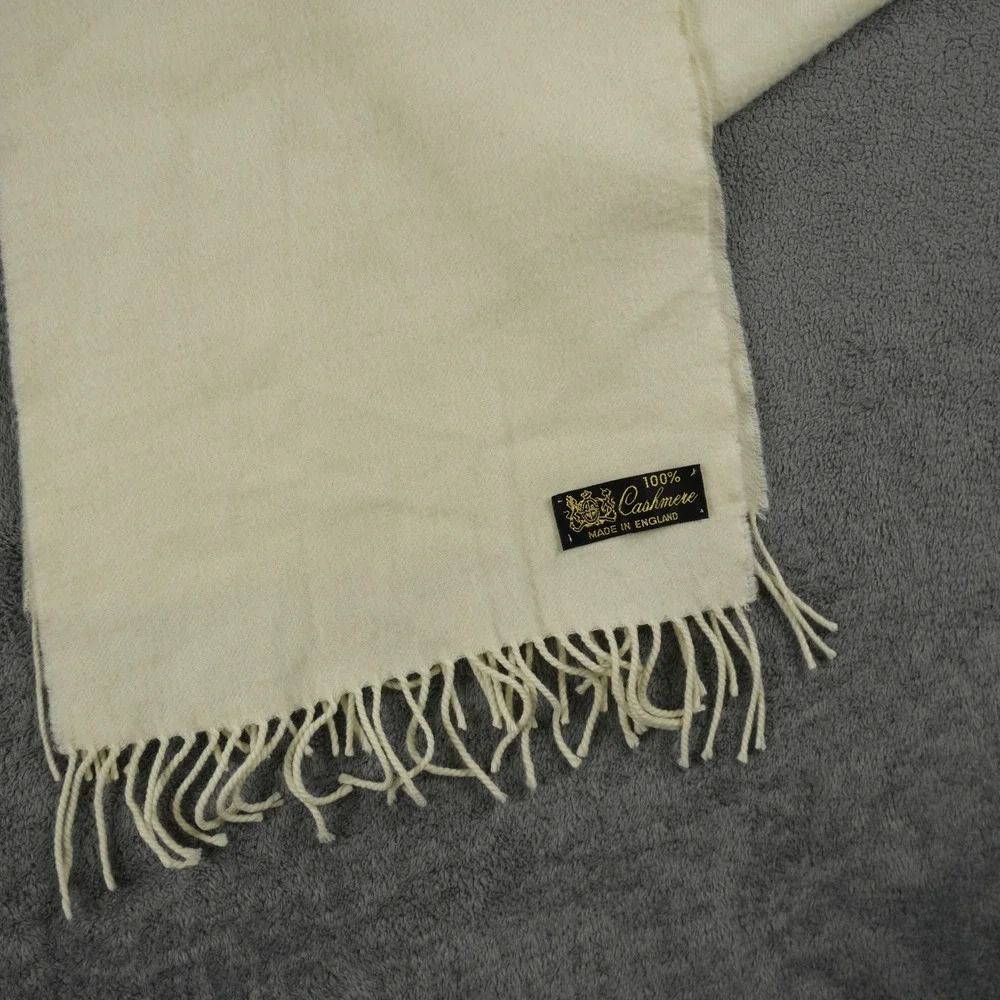 100% Cashmere Scarf Made in‎ England Cream Off White Ivory Fringed Old Money